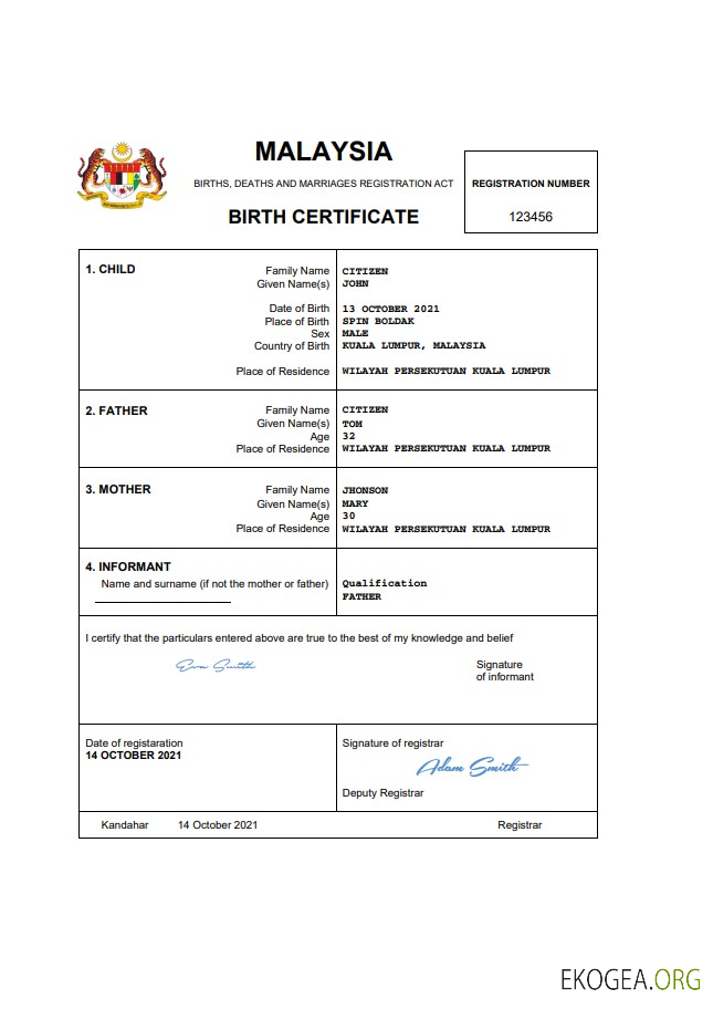 Modèle Word et PDF d'acte de naissance d'acte d'état civil de Malaisie, entièrement modifiable